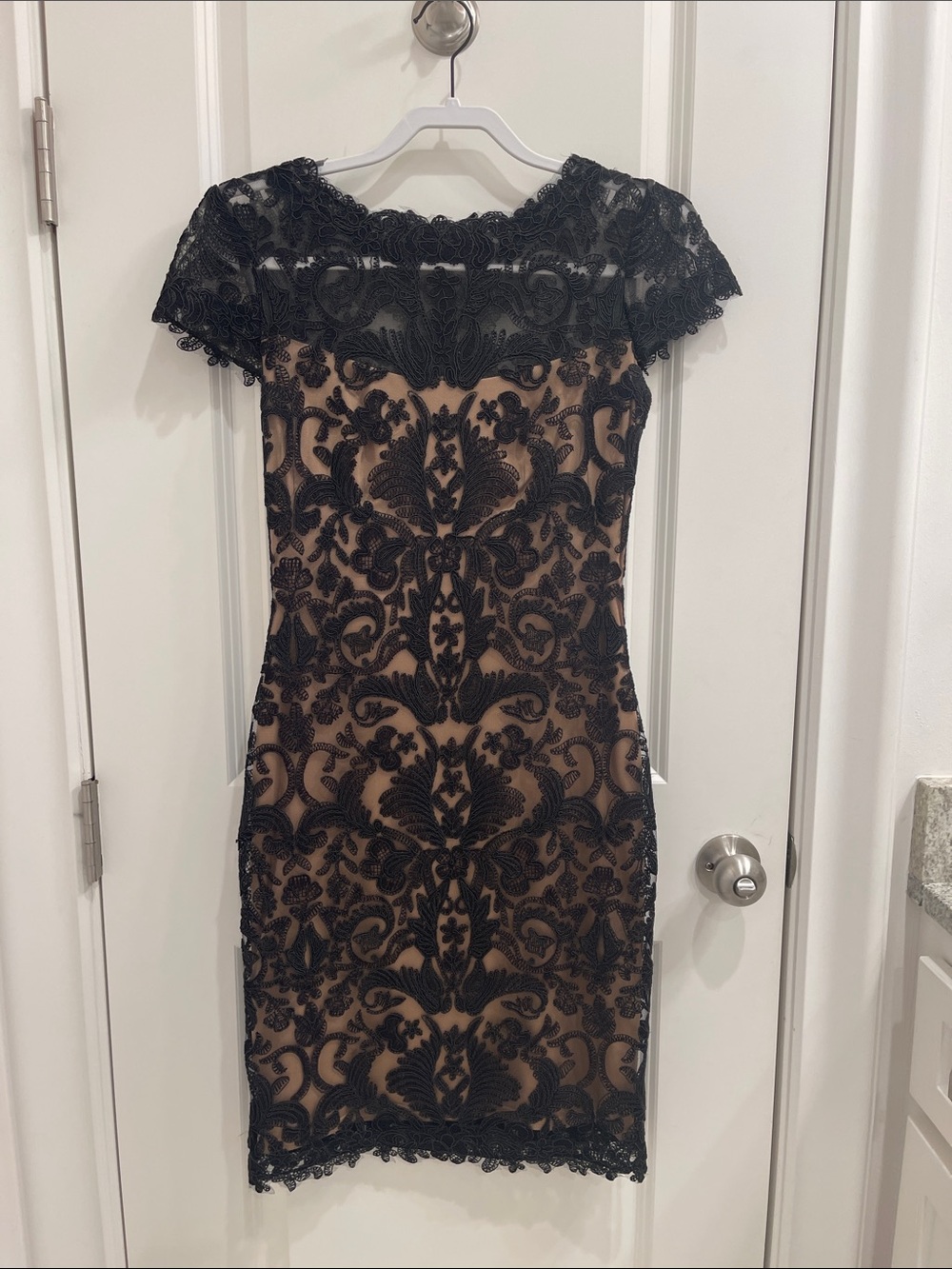 Tadashi Shoji Nude Sheath Dress with Black Lace Overlay